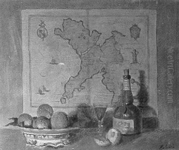 Still Life Of Fruit And A Bottle Before A Map Of North Wales Oil Painting by George Belcher