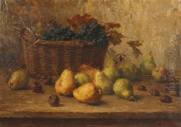 Nature Morte Au Panier De Raisins, Des Poires Et Des Prunes Sur La Table Oil Painting by Joseph De Belder