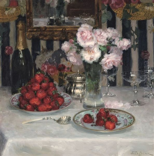 Roses Et Fraises Oil Painting by Joseph De Belder