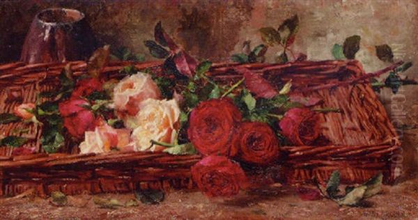 Roses In A Woven Basket Oil Painting by Joseph De Belder