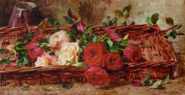 Roses In A Woven Basket Oil Painting by Joseph De Belder