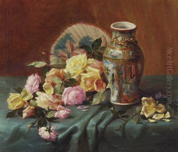 Still Life Of Roses And Chinoiserie Oil Painting by Joseph De Belder