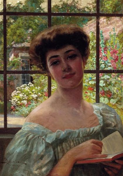 Portrai Tof A Lady In A White Summer Dress Holding An Open Book, A Walled Summer Garden Beyond Oil Painting by Adolfo Belimbau