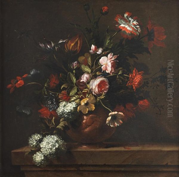 Tulips, Roses, Snowballs And Other Flowers In A Terracotta Vase On A Stone Ledge Oil Painting by Jean-Baptiste Belin de Fontenay the Elder