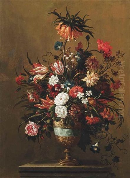 Tulips, Peonies, Carnations, Morning Glories And Other Flowers In A Bronze Urn On A Stone Ledge Oil Painting by Jean-Baptiste Belin de Fontenay the Elder