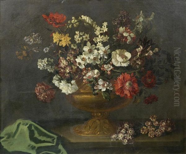 Poppies, Narcissi, Orange Blossom And Other Flowers In A Bronze Urn With Auriculas On A Stone Ledge Draped With A Green Cloth Oil Painting by Jean-Baptiste Belin de Fontenay the Elder