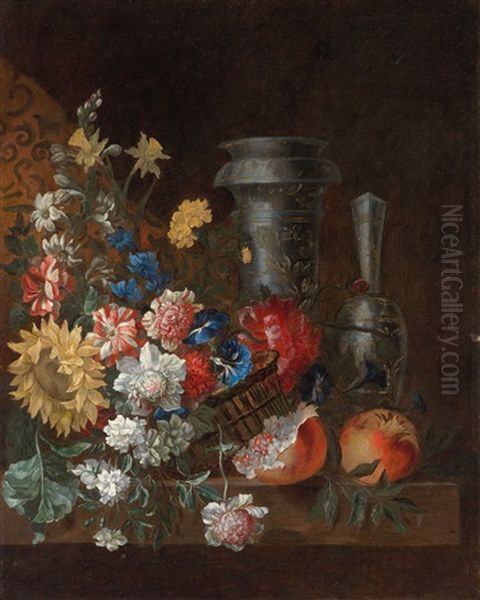 A Still Life Of Flowers And Fruit With Two Magnificent Blue And White Vessels Oil Painting by Jean-Baptiste Belin de Fontenay the Elder