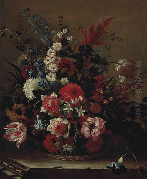 Corbeille De Fleurs Sur Un Entablement En Pierre Oil Painting by Jean-Baptiste Belin de Fontenay the Elder