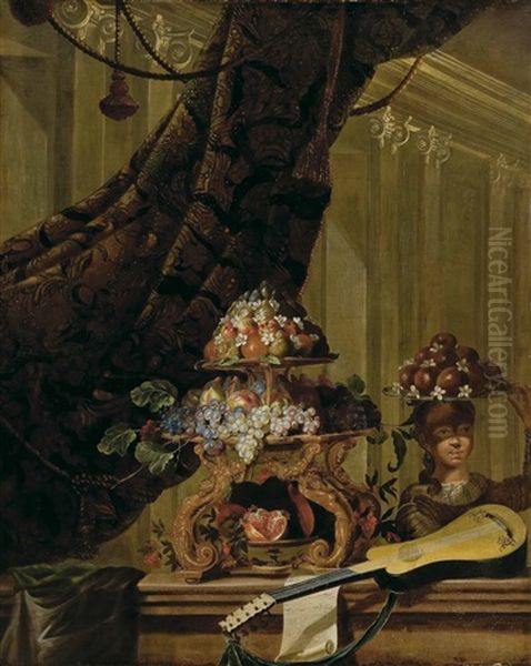 Bodegon De Frutas Con Guitarra Y Joven Con Bandeja De Naranjas Y Flor De Azahar Oil Painting by Jean-Baptiste Belin de Fontenay the Elder