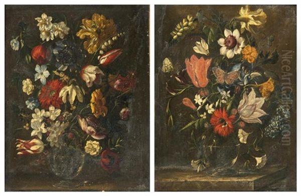 Bouquets De Fleurs (pair) Oil Painting by Jean-Baptiste Belin de Fontenay the Elder