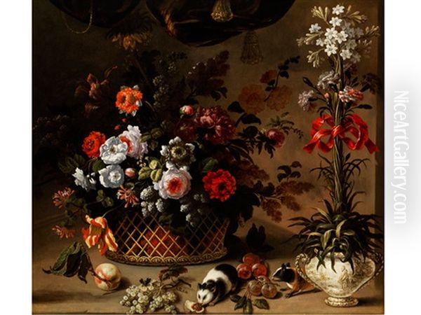 Grosses Blumenstilleben Mit Meerschweinchen Oil Painting by Jean-Baptiste Belin de Fontenay the Elder