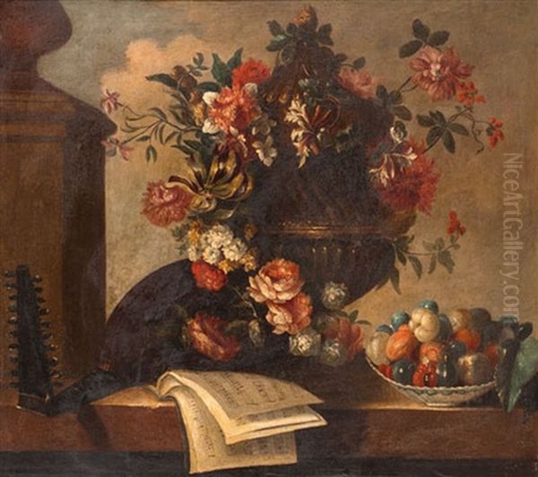 Bouquet De Fleurs, Corbeille De Fruits Et Partition Oil Painting by Jean-Baptiste Belin de Fontenay the Elder