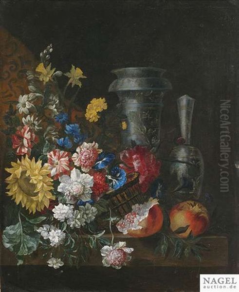 Blumen- Und Fruchtestilleben Mit Prunkgefasen Auf Einem Steinpodest Oil Painting by Jean-Baptiste Belin de Fontenay the Elder