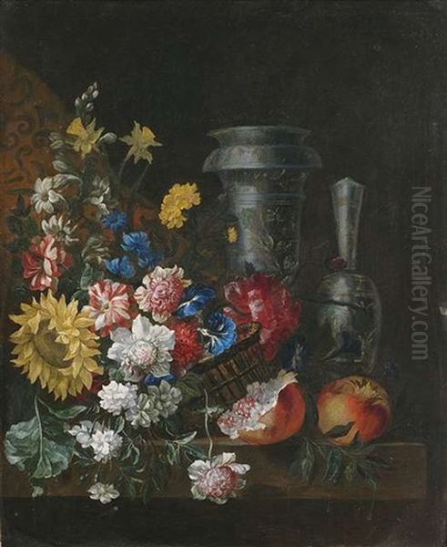 Blumen- Und Fruchtestilleben Mit Prunkgefasen Auf Einem Steinpodest Oil Painting by Jean-Baptiste Belin de Fontenay the Elder