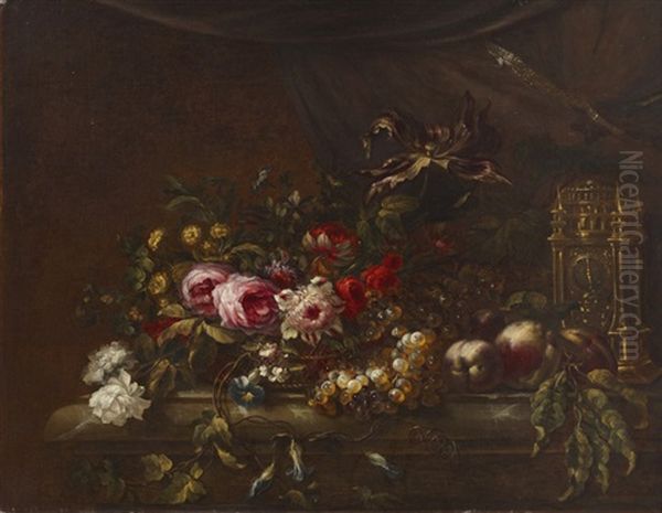 Fruits Et Fleurs Dans Une Corbeille Avec Une Pendule Sur Un Entablement Oil Painting by Jean-Baptiste Belin de Fontenay the Elder