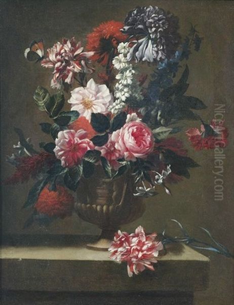 Blumenstilleben In Einer Reliefierten Henkelamphora Auf Steinpodest Oil Painting by Jean-Baptiste Belin de Fontenay the Elder