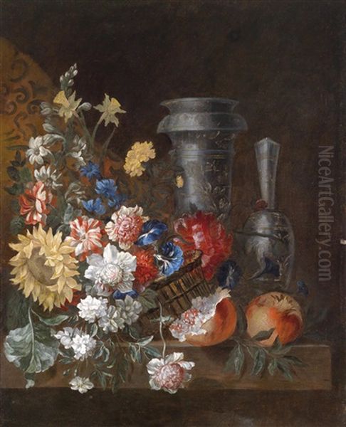 Ein Blumen- Und Fruchtestillleben Mit Zwei Blauweisen Prunkgefassen Oil Painting by Jean-Baptiste Belin de Fontenay the Elder