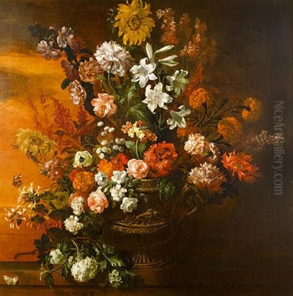 A Still Life Of Lilies, Roses, Sunflowers, Poppies And Other Flowers In A Gilt Bronze Vase On A Stone Ledge With A Red Admiral And A Cabbage White Butterfly Oil Painting by Jean-Baptiste Belin de Fontenay the Elder