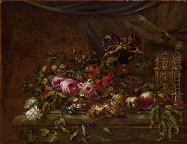 Fruits Et Fleurs Dans Une Corbeille Avec Une Pendule Sur Un Entablement Oil Painting by Jean-Baptiste Belin de Fontenay the Elder