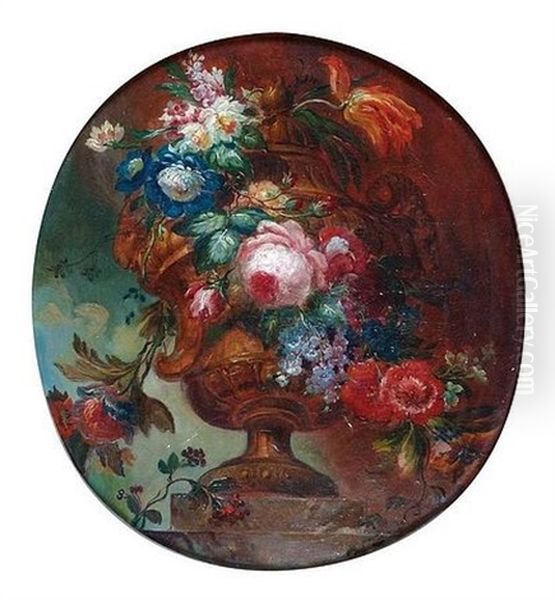 Fleurs Dans Un Vase Medicis Sur Un Entablement Oil Painting by Jean-Baptiste Belin de Fontenay the Elder