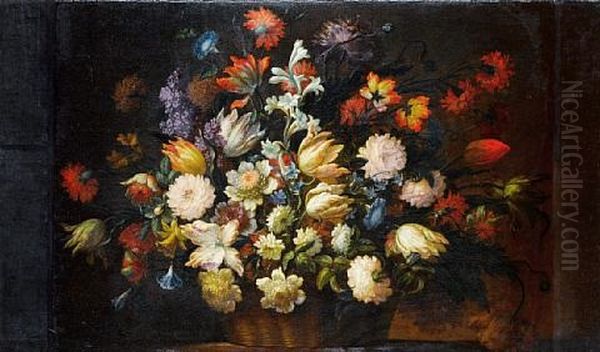 Roses, Tulips, Peonies, Jasmine And Other Flowers In A Wicker Basket On A Table Top Oil Painting by Jean-Baptiste Belin de Fontenay the Elder