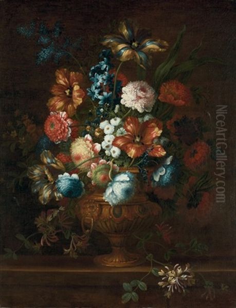 Tulips, Chrysanthemums, Violets And Other Flowers In A Bronze Urn, On A Stone Ledge Oil Painting by Jean-Baptiste Belin de Fontenay the Elder