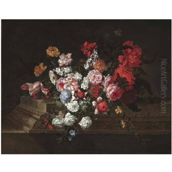 A Still Life With Roses, Tulips, Peonies, Carnations And Other Flowers On A Sculpted Stone Ledge by Jean-Baptiste Belin de Fontenay the Elder