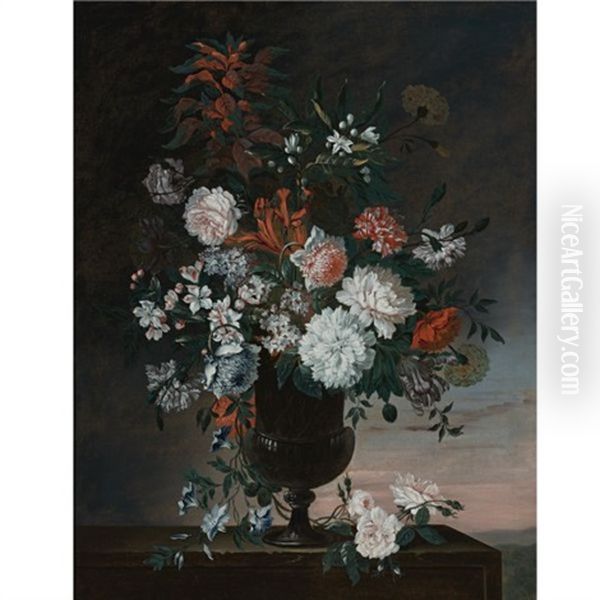 Carnations, Roses And Other Flowers In An Urn, A Sunrise Beyond Oil Painting by Jean-Baptiste Belin de Fontenay the Elder