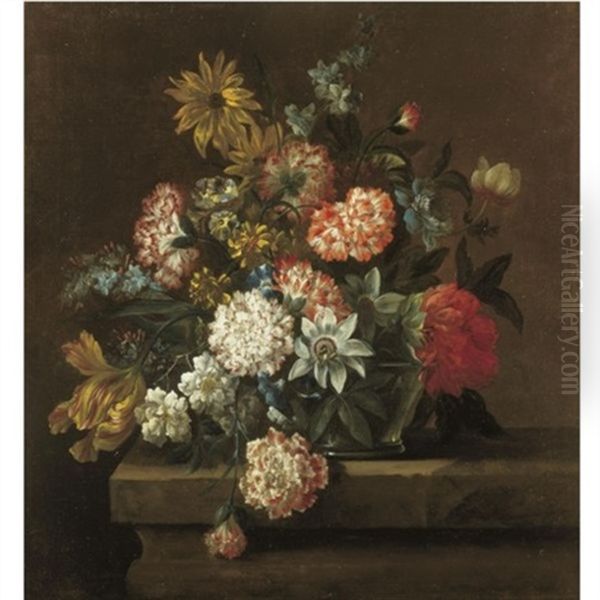 Still Life With Chrysanthemums, Morning Glory, A Tulip And Other Flowers In A Glass Vase Resting On A Ledge Oil Painting by Jean-Baptiste Belin de Fontenay the Elder