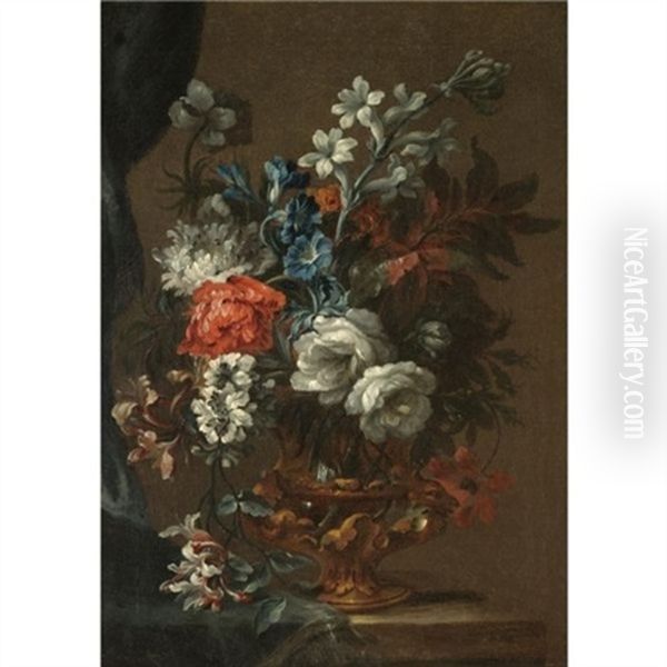 A Still Life With A Bouquet Of Flowers In A Bronze Urn On A Stone Ledge Oil Painting by Jean-Baptiste Belin de Fontenay the Elder