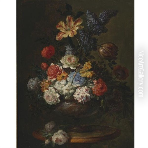 Still Life Of Tulips, Lilacs, Peonies And Other Flowers In A Vase Resting On A Table by Jean-Baptiste Belin de Fontenay the Elder