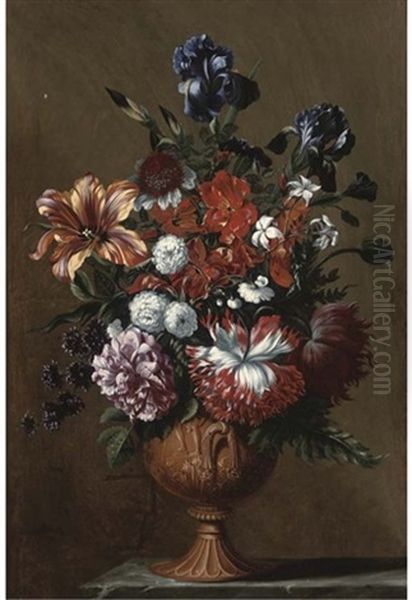 Irises, A Tulip, A Rose, Jasmine And Other Flowers In A Sculpted Urn On A Stone Ledge Oil Painting by Jean-Baptiste Belin de Fontenay the Elder