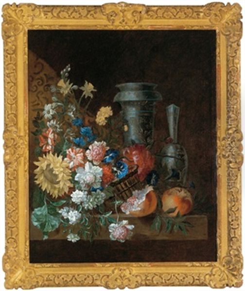 Ein Korb Mit Nelken, Winden, Pfingstrosen Und Einer Sonnenblume, Mit Zwei Blauweisen Prunkgefasen Sowie Zwei Granatapfeln Oil Painting by Jean-Baptiste Belin de Fontenay the Elder