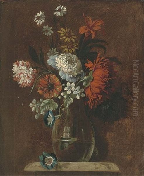 Morning Glory, Carnations, Chrysanthemums, A Lily And Other Flowers In A Glass Vase On A Pedastal Oil Painting by Jean-Baptiste Belin de Fontenay the Elder