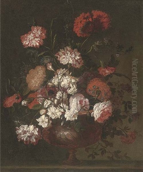 Carnations, Roses, Chrysanthemums, Narcissi And Other Flowers In A Sculpted Urn On A Stone Ledge Oil Painting by Jean-Baptiste Belin de Fontenay the Elder