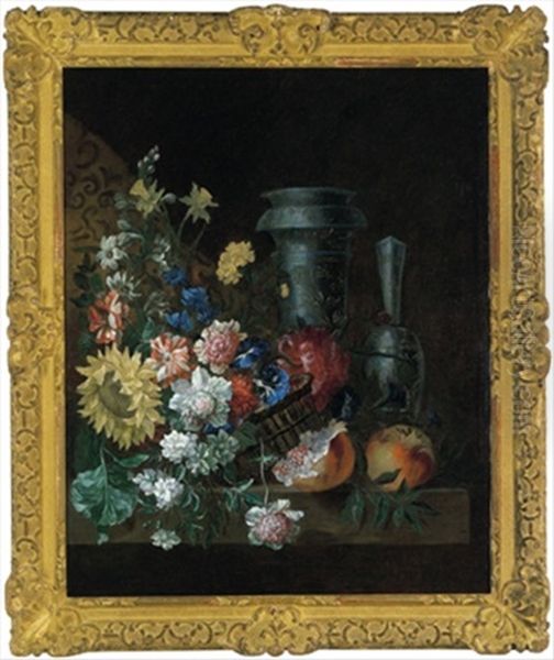 Ein Korb Mit Nelken, Winden, Pfingstrosen Und Einer Sonnenblume Oil Painting by Jean-Baptiste Belin de Fontenay the Elder