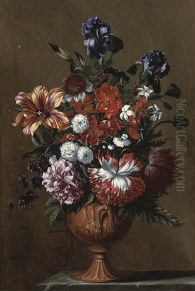 Irises, A Tulip, A Rose, Jasmine And Other Flowers In A Sculpted Urn On A Stone Ledge Oil Painting by Jean-Baptiste Belin de Fontenay the Elder