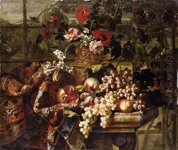 Still Life Of Various Flowers In A Bronze Urn, Together With Pomegranates, Grapes, Pears And Plums On A Marble Table Draped With A Carpet Oil Painting by Jean-Baptiste Belin de Fontenay the Elder