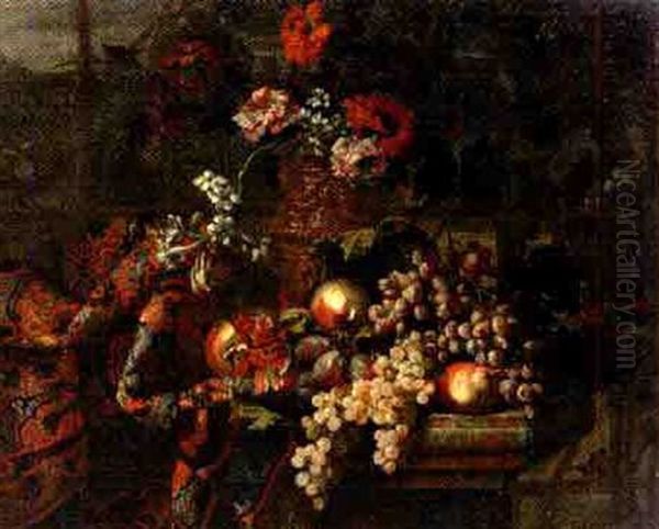 Raisin, Prunes, Poires, Grenades, Sur Un Entablement Orne D'un Riche Tapis Et De Fleurs Dans Un Vase Cisele Et Dore Oil Painting by Jean-Baptiste Belin de Fontenay the Elder