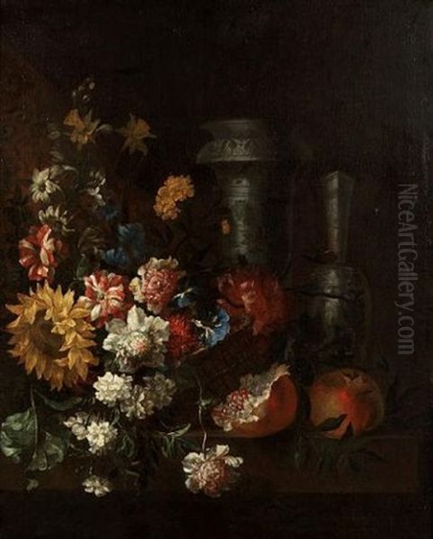 A Basket Of Carnations, Morning Glory, Peonies And A Sun Flower With Two Oriental Blue And White Vases And Pomegranates On A Wooden Table Oil Painting by Jean-Baptiste Belin de Fontenay the Elder