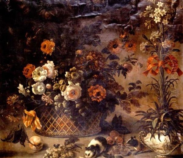 Tulips, Roses, Carnations, Honeysuckle And Other Flowers In A Basket With A Vase Of Upright Carnations And Other Flowers Tied With A Red Ribbon, Guinea Pigs With Grapes Oil Painting by Jean-Baptiste Belin de Fontenay the Elder