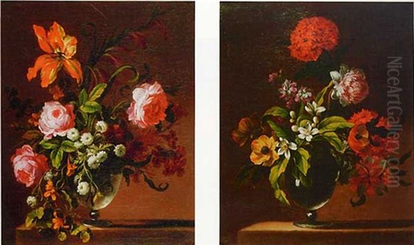 Bouquet De Fleurs (+ Another, Similar; Pair) Oil Painting by Jean-Baptiste Belin de Fontenay the Elder