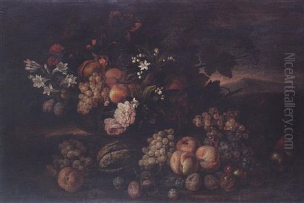 Peaches, Grapes, Pomegranates And Plums With Roses, Carnations And Other Flowers In A Basket, With A Melon, Peaches, Grapes And Plums In A Landscape Oil Painting by Jean-Baptiste Belin de Fontenay the Elder