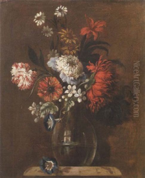 Carnations, Daisies, Morning Glory And Blossom In A Glass Vase On A Ledge Oil Painting by Jean-Baptiste Belin de Fontenay the Elder