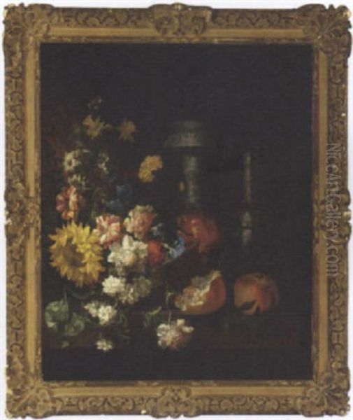 A Sunflower, Carnations, Narcissi, Morning Glories And Other Flowers In A Basket With Two Vases And Pomegranates On A Ledge Oil Painting by Jean-Baptiste Belin de Fontenay the Elder