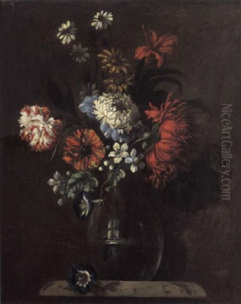 Carnations, Daisies, Morning Glory And Blossom In A Glass Vase On A Ledge Oil Painting by Jean-Baptiste Belin de Fontenay the Elder