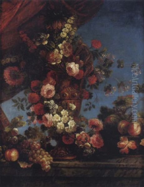 Vase De Fleurs Et Fruits Sur Un Entablement Oil Painting by Jean-Baptiste Belin de Fontenay the Elder