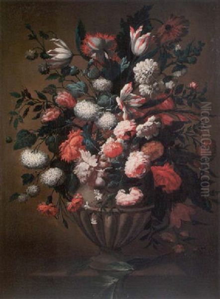 A Still Life Of Roses, Peonies, Tulips, Carnations And Other Flowers In A Stone Vase On A Stone Ledge Oil Painting by Jean-Baptiste Belin de Fontenay the Elder