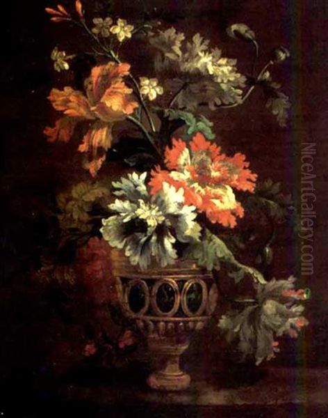 Flowers In A Classical Landscape Oil Painting by Jean-Baptiste Belin de Fontenay the Elder