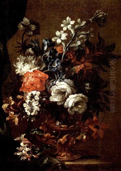 Circle Of Flowers In A Bronze Decorated Glass Vase On A Partially Draped Stone Ledge Oil Painting by Jean-Baptiste Belin de Fontenay the Elder